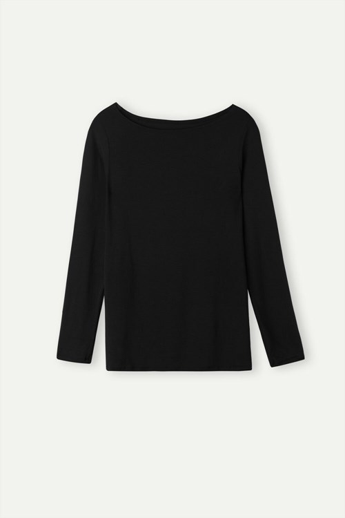 Intimissimi Long Sleeve Bateau Neck Top in Micromodal Siyah Siyah | OXHEG-5639