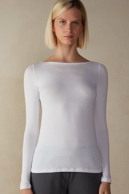 Intimissimi Long Sleeve Bateau Neck Top in Micromodal Beyaz Beyaz | WOPYN-4230
