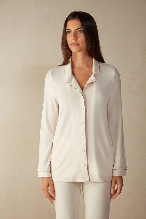 Intimissimi Long-Sleeve Micromodal Pajama Top Natural - 612i - Vanilla Ivory | YOVWZ-1752