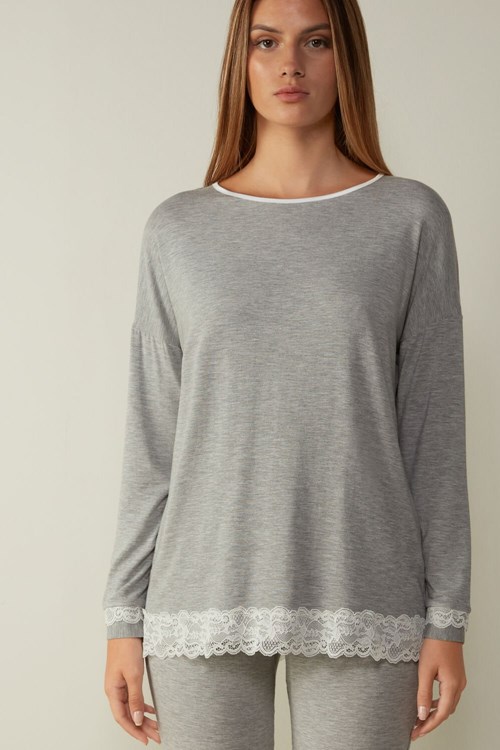 Intimissimi Long-Sleeve Round-Neck Modal Top Gri Açık Gri | OUHZJ-2396