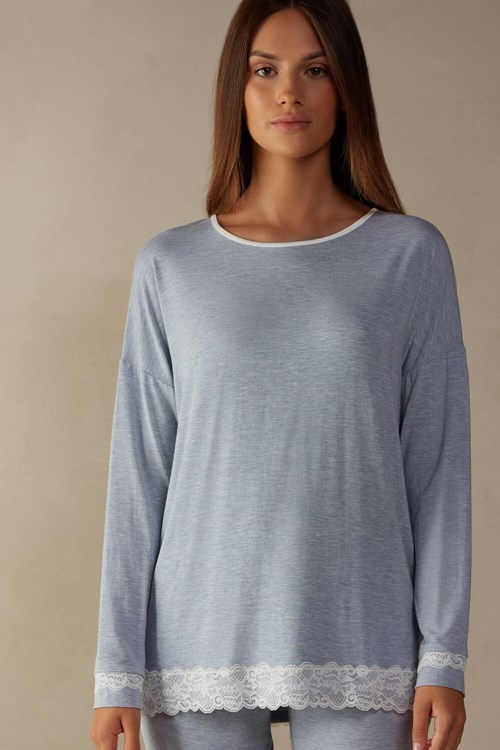 Intimissimi Long-Sleeve Round-Neck Modal Top Açık Mavi Açık Mavi | QPIEC-1958