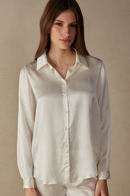 Intimissimi Long Sleeve Silk Shirt Beyaz | JSVDY-6745