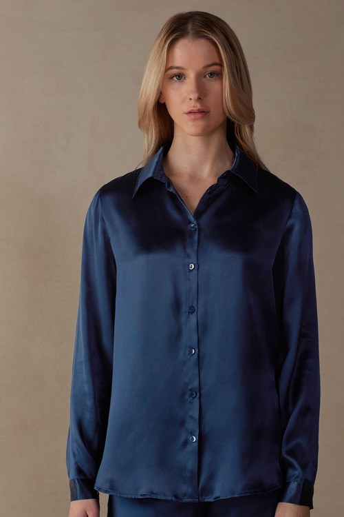 Intimissimi Long Sleeve Silk Shirt Mavi Mavi | FYHGQ-9542