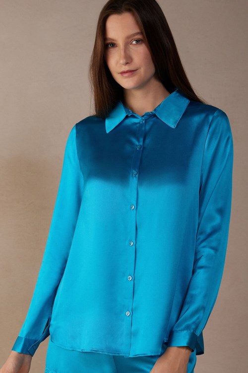 Intimissimi Long Sleeve Silk Shirt Mavi Turkuaz | VTCMO-8039