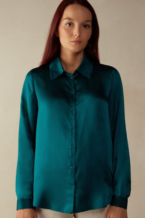 Intimissimi Long Sleeve Silk Shirt Yeşil | DUOAZ-2639