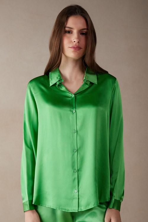 Intimissimi Long Sleeve Silk Shirt Yeşil Nane | IVLZC-7086