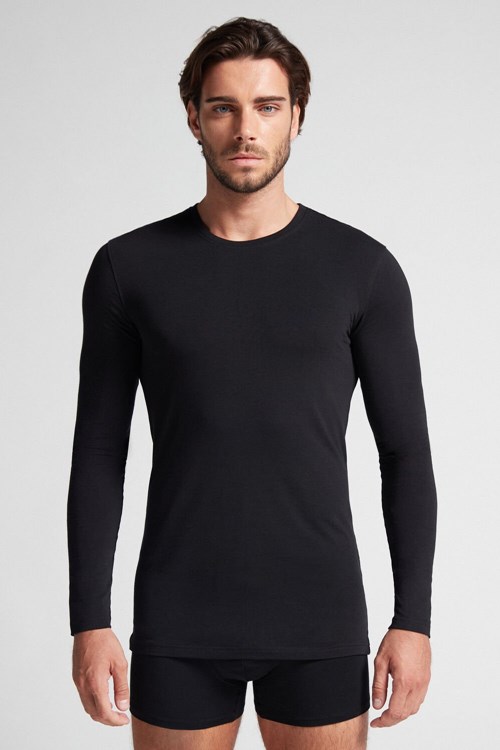 Intimissimi Long-Sleeve Stretch Supima Pamuklu Top Siyah Siyah | WXVKZ-9675