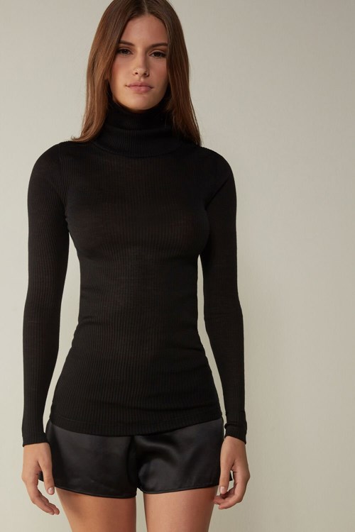 Intimissimi Long-sleeve High-Neck Tubular Top in Yün and Silk Siyah Siyah | XZONR-5216