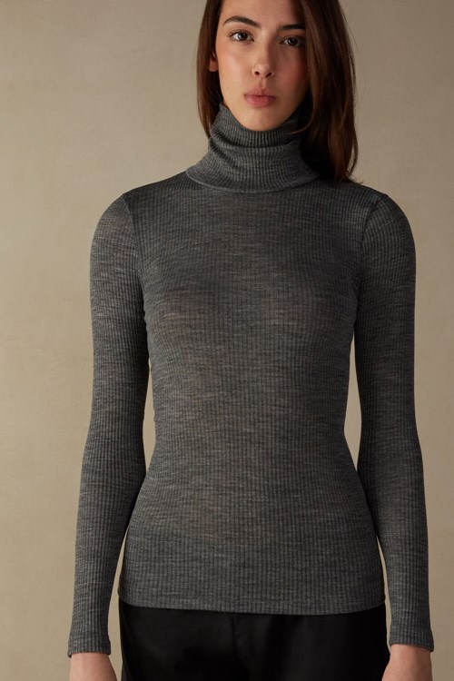 Intimissimi Long-sleeve High-Neck Tubular Top in Yün and Silk Gri Gri | ZSQBY-3160