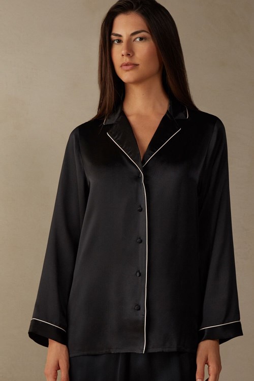 Intimissimi Mannish-Cut Jacket in Silk Satin Siyah Siyah | MQLYX-6138