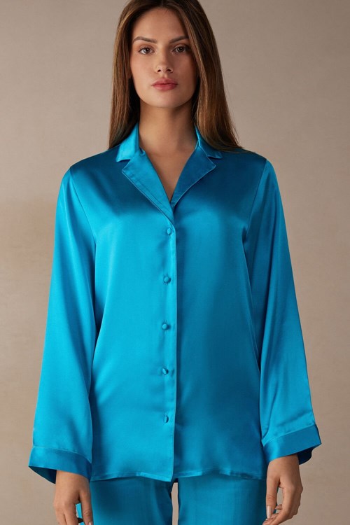 Intimissimi Mannish-Cut Jacket in Silk Satin Mavi Turkuaz | TWCSU-4571