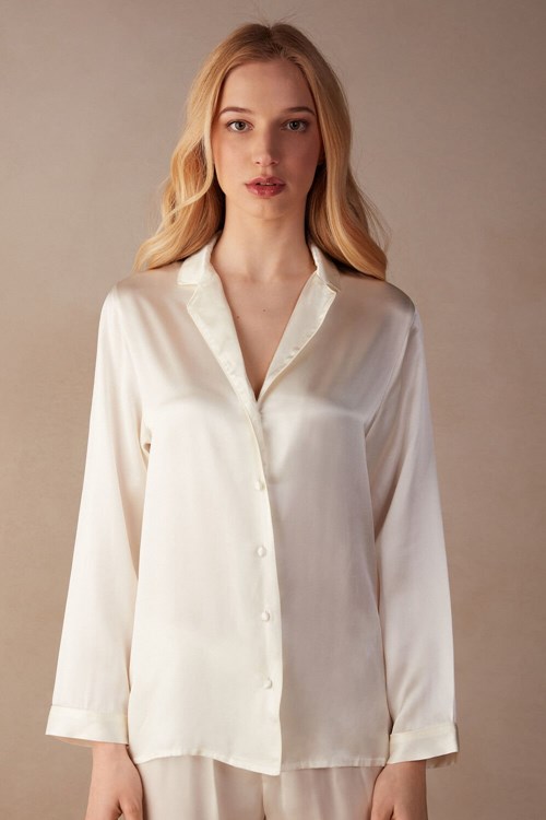 Intimissimi Mannish-Cut Jacket in Silk Satin Beyaz | ZWPKB-3624