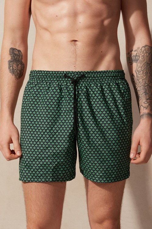 Intimissimi Micro Leaf Print Swim Trunks Yeşil Siyah | ZYWXL-2613
