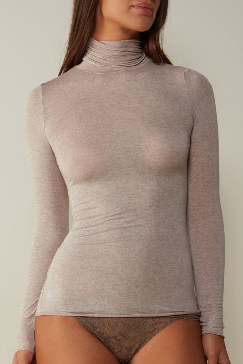 Intimissimi Modal Cashmere Ultralight High-Neck Top Bej Rengi | UVWOA-3976