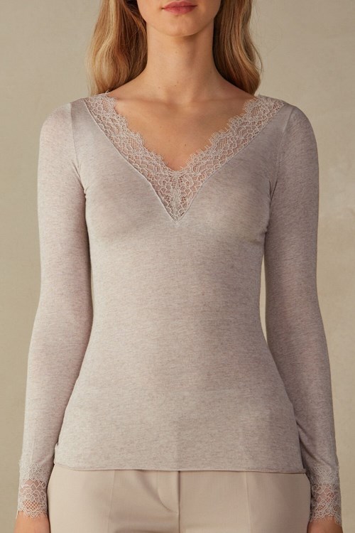 Intimissimi Modal Cashmere Ultralight Long Dantel Shirt Bej Rengi | MAWJP-0415