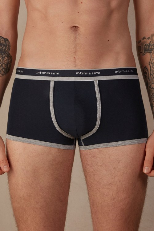 Intimissimi Natural Fresh Supima® Pamuklu Boxers with Logo Mavi Mavi Açık Gri | HVLXE-5628