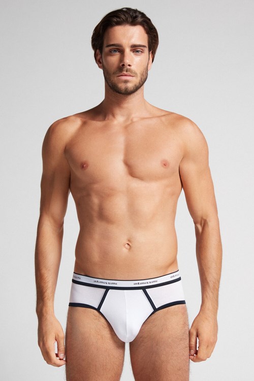 Intimissimi Natural Fresh Supima® Pamuklu Briefs with Logo Beyaz Beyaz Mavi | THSPR-6032