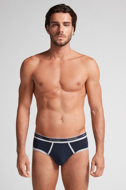 Intimissimi Natural Fresh Supima® Pamuklu Briefs with Logo Mavi Mavi Açık Gri | WFXOZ-1643
