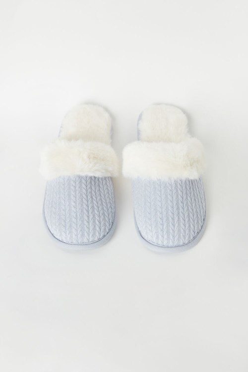 Intimissimi Nervürlü Velvet Slippers with Faux Fur Beyaz Açık Mavi | KFOMC-2470