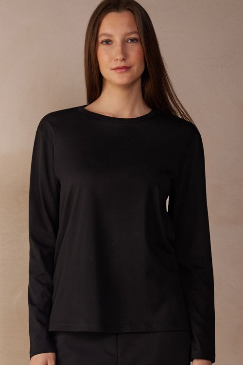 Intimissimi Oversized Long Sleeve Top in Supima® Pamuklu Siyah Siyah | HVUSZ-4910