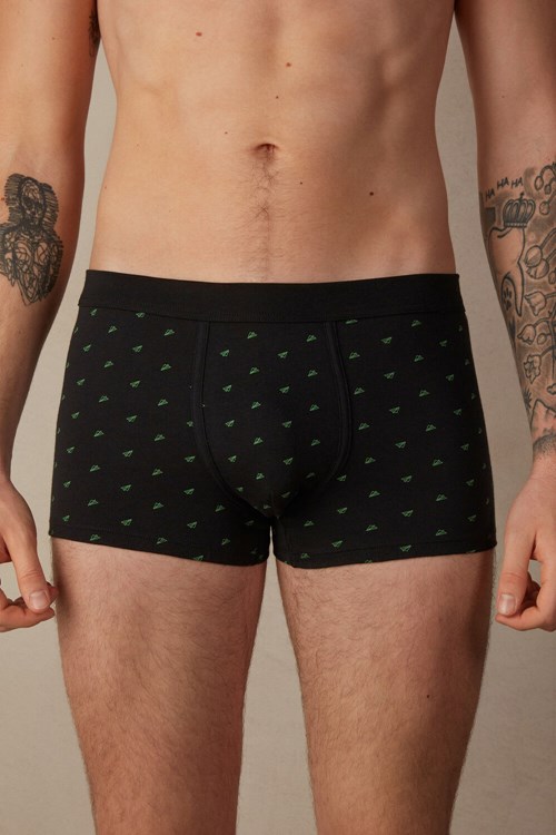 Intimissimi Paper Plane Boxers in Stretch Supima® Pamuklu Siyah Siyah Baskılı | SZDEJ-2689