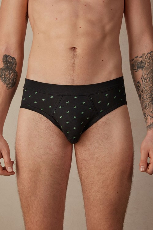 Intimissimi Paper Plane Briefs in Stretch Supima® Pamuklu Siyah Siyah Baskılı | OSZDC-8253