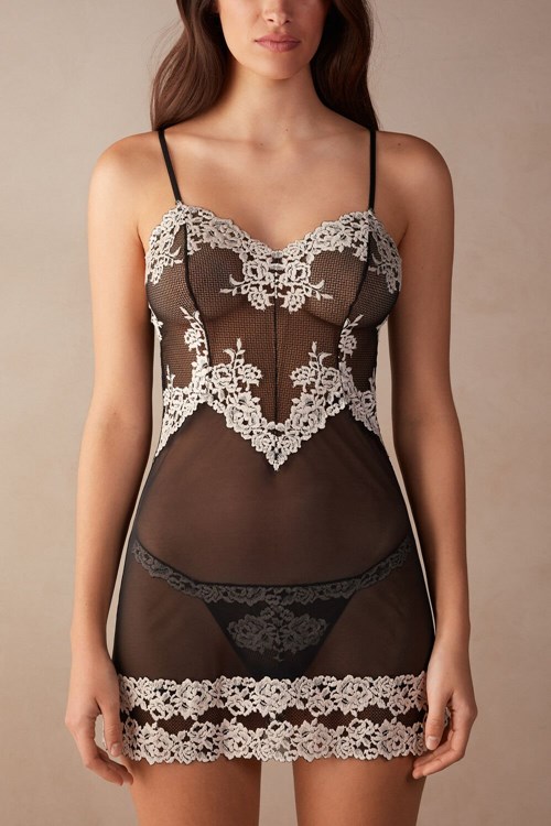 Intimissimi Pretty Flowers Babydoll Renkli Siyah | SHAKC-8019