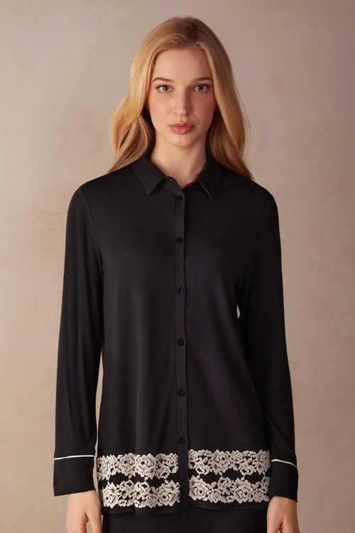 Intimissimi Pretty Flowers Button Up Shirt in Modal Renkli Siyah | OZGDE-4915