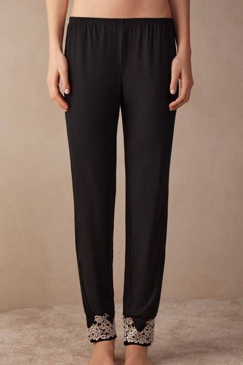 Intimissimi Pretty Flowers Full Length Cuffed Modal Pants Renkli Siyah | AQPOU-4627