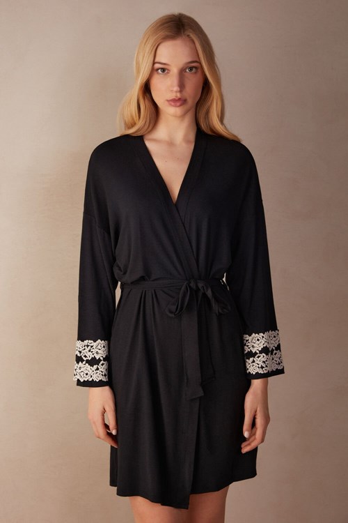 Intimissimi Pretty Flowers Modal Robe Renkli Siyah | DIBJM-9756