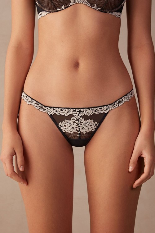 Intimissimi Pretty Flowers String Tanga Renkli Siyah | GFAXW-8723
