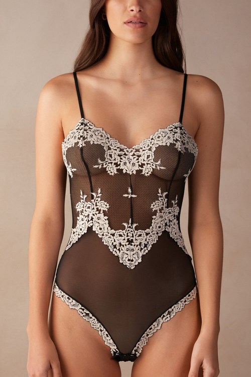 Intimissimi Pretty Flowers Tulle and Dantel Bodysuit Renkli Siyah | BUSVM-0745