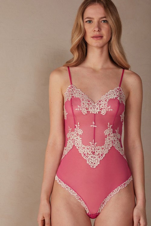 Intimissimi Pretty Flowers Tulle and Dantel Bodysuit Pembe Pembe | NPUVC-0871