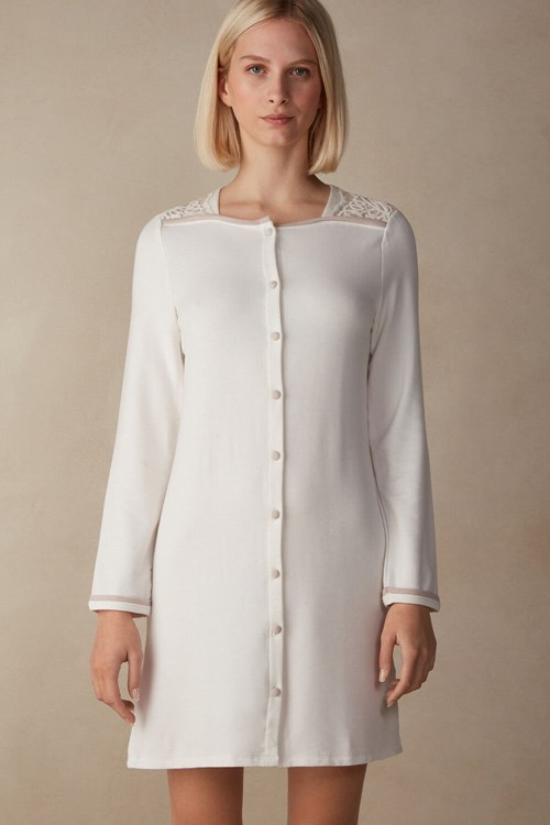 Intimissimi Romantic Bedroom Button Up Night Shirt in Modal with Yün Beyaz Beyaz Pembe | BIAWT-1478