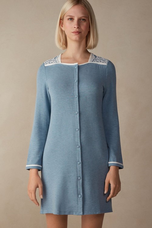 Intimissimi Romantic Bedroom Button Up Night Shirt in Modal with Yün Açık Mavi Açık Mavi | KIWPA-0275