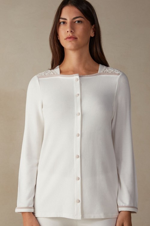 Intimissimi Romantic Bedroom Button Up Top in Modal with Yün Beyaz Beyaz Pembe | UVDSH-7124
