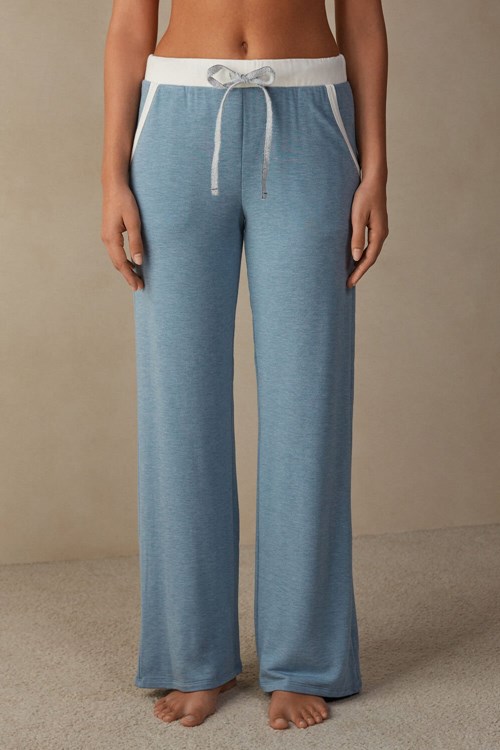 Intimissimi Romantic Bedroom Contrast Trim Full Length Pants in Modal with Yün Açık Mavi Açık Mavi | MFWRA-9162