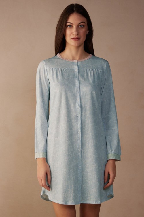 Intimissimi Romantic Cashmere Button Up Night Shirt Açık Mavi Baskılı | ATOVE-9287