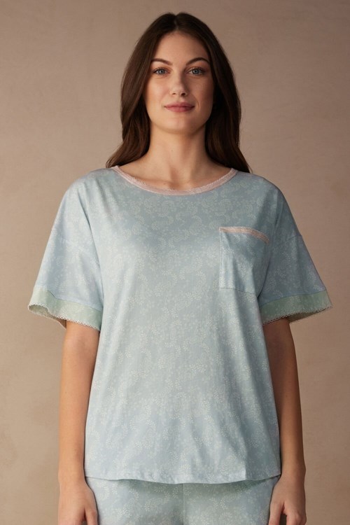 Intimissimi Romantic Cashmere Kısa Sleeve Pamuklu Top Açık Mavi Baskılı | DJMUS-4739