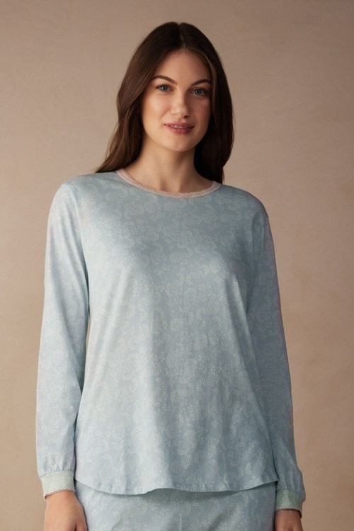 Intimissimi Romantic Cashmere Long Sleeve Pamuklu Top Açık Mavi Baskılı | LJWYK-2714