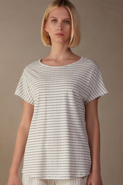 Intimissimi Romantic Heritage Kısa Sleeve Pamuklu Jersey Top Açık Mavi Beyaz | MWIXV-3495
