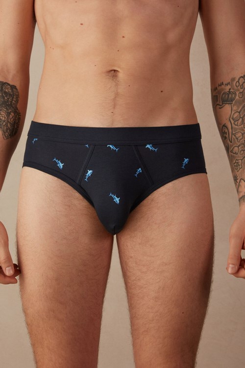 Intimissimi Shark Briefs in Natural Fresh Supima® Pamuklu Mavi Mavi Baskılı | RUHSM-0937