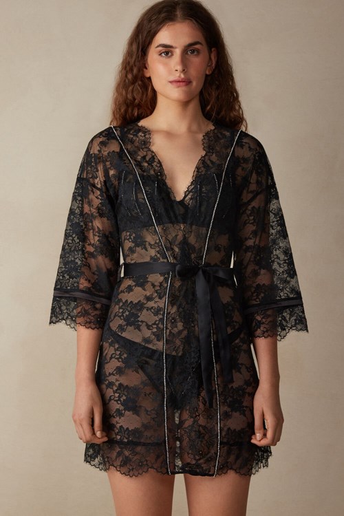 Intimissimi Shine High Like Stars Dantel Kimono Siyah Siyah | KNTPW-0463