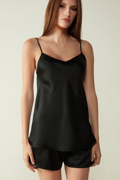 Intimissimi Silk Satin Top with V-neckline Siyah Siyah | QAIVW-7468