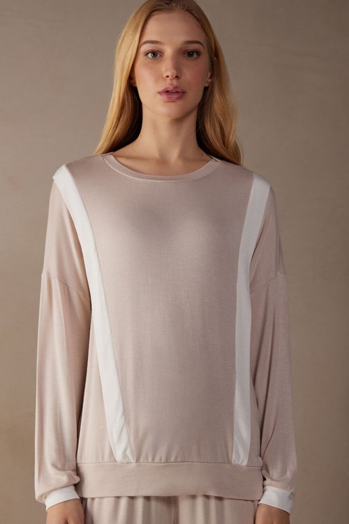 Intimissimi Simple Elegance Long Sleeve Top in Modal Pembe Pembe Beyaz | QOTPR-5490