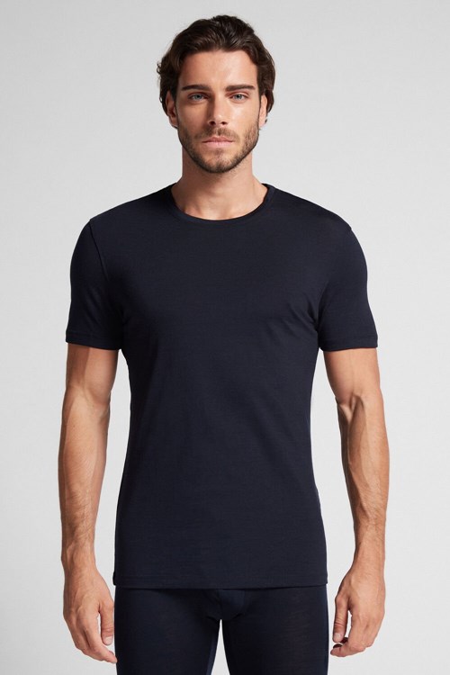 Intimissimi Stretch Merino Yün Kısa-Sleeve T-Shirt Mavi Mavi | GINXO-3169
