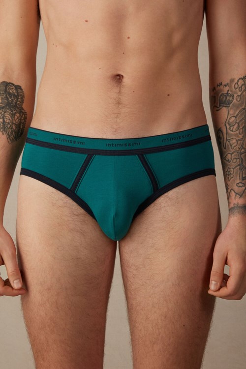 Intimissimi Stretch Supima® Pamuklu Brief with Logo Detail Yeşil Yeşil Mavi | WVOSJ-4827