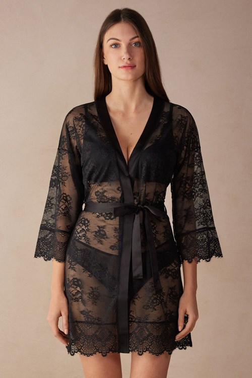Intimissimi Stunning Beauty Dantel Robe Siyah Siyah | UTMKQ-8476