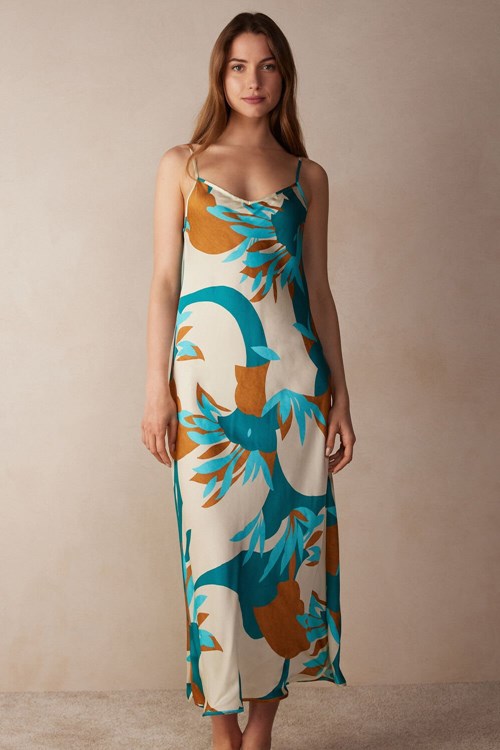 Intimissimi Summer Vibes Long Viscose Satin Nightgown Baskılı Beyaz Baskılı | QKAGE-9138