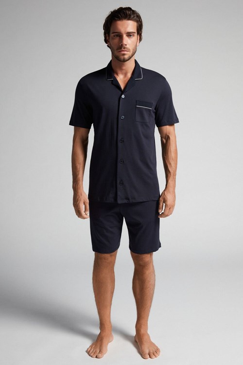 Intimissimi Supima Pamuklu Button-Front Cropped Pajamas Mavi Mavi | TAJQS-6894